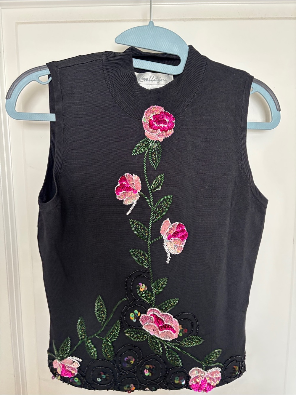 Belldini Black Sleeveless Top with Pink Floral Sequins
